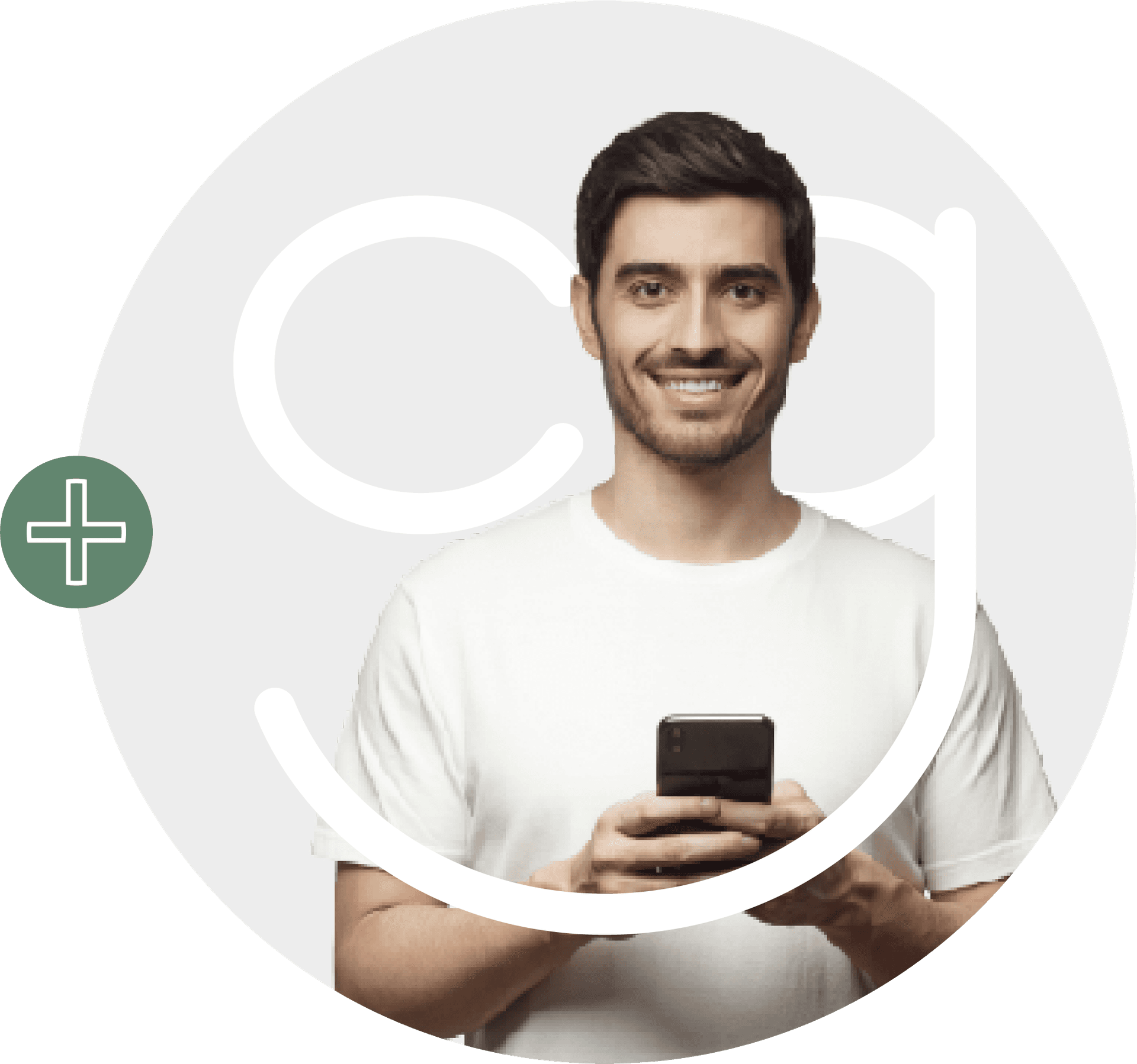 Homem com celular e logo do clubeguara+